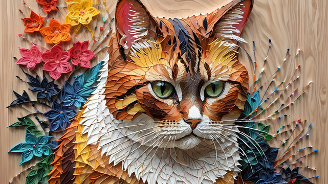 FATTER CAT string art design featuring the iconic, with interwoven details and vibrant colors