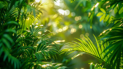 Fototapeta premium Lush Green Tropical Forest Sunlight Through Leaves