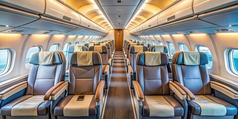 Airplane cabin interior with comfortable seats, overhead compartments, and window views, airplane, cabin, interior
