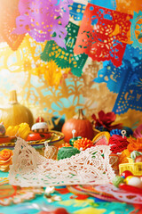 Fototapeta premium Vibrant Mexican papel picado decorations with colorful flowers, pumpkins, and craft materials. Hispanic heritage month celebration, Mexican culture, traditional crafts, holiday decoration