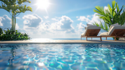 Fototapeta premium Summer pool. Swimming blue waters. Sunny day poolside. Crystal clear water. Sunshine and beach chairs.