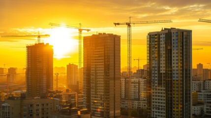 Fototapeta premium Construction of new residential high-rise buildings. Against the background of a yellow sunset sky, crane, architecture, industrial, development, tower