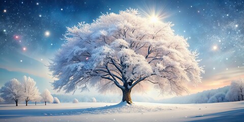 An enchanting winter fairy tale scene featuring a tree inflorescence covered in snow , Winter, fairy tale, magical, enchanting