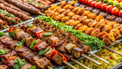 Fototapeta premium Close up of a menu display featuring a variety of fried kebab portions , Fried, Kebab, Menu, Display, Close-up