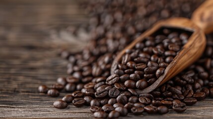 Fototapeta premium A detailed close-up shot of dark coffee beans overflowing from a wooden scoop, placed on a rustic wooden background, emphasizing the rich aroma and texture.