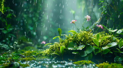Mystical Rainforest with Sunlight and Flowers
