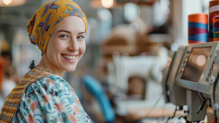 Fototapeta premium Fashion designers and happy seamstress working in style. Weaving factory setting. Blurry background