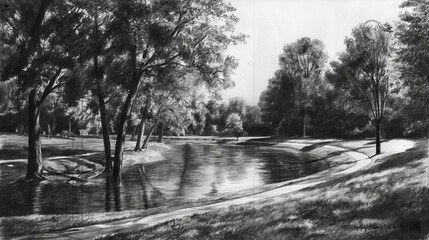 Obraz premium A black and white charcoal drawing of a summer park landscape, sketched in charcoal, pencil drawing