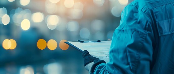Close-up of a person holding a clipboard in a factory setting with bokeh lights in the background, illustrating industrial inspection and monitoring.