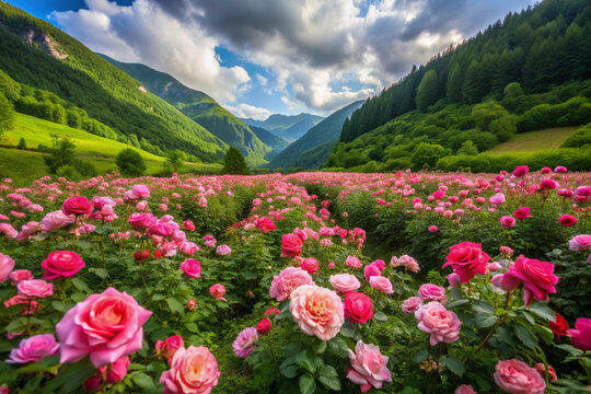 field of roses in a secluded valley., generative ai