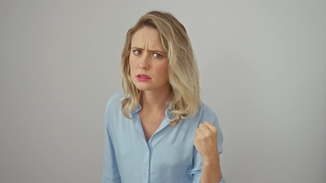 Furious blonde woman in shirt, fists up, angry rage boiling over. frustration painted on beautiful face, isolated white background
