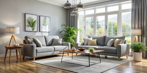 Fototapeta premium Modern living room interior with grey sofa, coffee table, and armchair in front of a large window