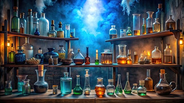 alchemy lab shelf with various bottles, jars, and tools on a mystical background, alchemy, laboratory, shelf, bottles