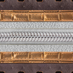 Seamless 4k photo texture photo of silver and golden colored leather material with stitching and...