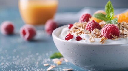 A delicious looking breakfast featuring granola, yogurt, and fresh raspberries served in a white bowl, garnished with mint leaves and a slice of orange in the background .