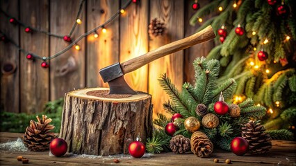 Axe splitting a log of wood with a Christmas decoration in the background , axe, splitting, log, wood, Christmas