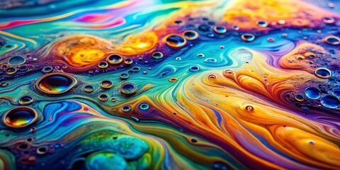 Multicolored gasoline spots form abstract patterns on a water surface, resembling an oil spill