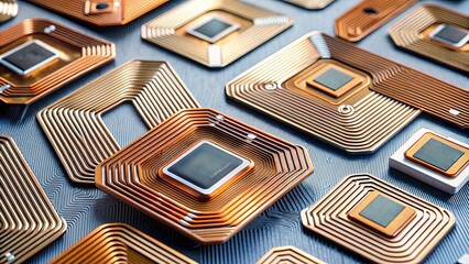 Close up view of RFID chips, transponders, NFC tags, and coils , RFID, chips, transponders, NFC, tags, coils