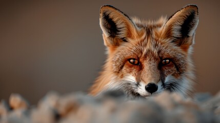 A close-up of a cunning fox peeking from behind rocks with intensely focused eyes, displaying its sharp features and reddish-brown fur in a natural, wild setting.