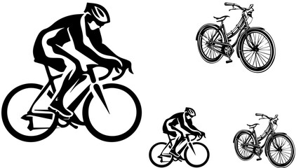 Obraz premium illustration of racing bicycle,Man, woman and child bicycles detailed vector silhouette collection