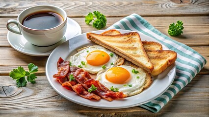 Breakfast meal with sunny side up eggs, crispy bacon, toast, and a cup of coffee , Morning, breakfast, sunny side up, eggs, bacon