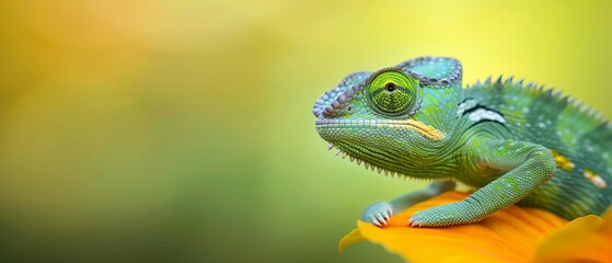 Fototapeta premium Close-up of a vibrant green chameleon resting on a leaf against a blurry, warm background. Perfect for wildlife and nature themes.
