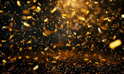 Naklejka premium Golden confetti. Falling gold foil, flying yellow glitter. Christmas holiday and anniversary party Upper layer, Generative AI
