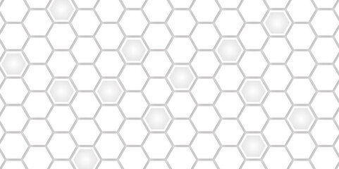 White hexagonal technology abstract vector background. Bright energy flashes under hexagon in modern futuristic technology background. White gray honeycomb texture grid illustration.
