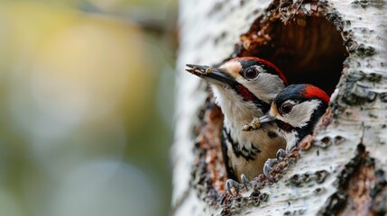 Two spirited woodpeckers are diligently pecking at the bark of a tree together, offering a glimpse into their synchronized work amidst the forest surroundings.