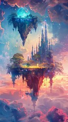 Fototapeta premium Surreal dreamscape with floating islands and ethereal lighting, Dreamlike, Vibrant hues, Digital art