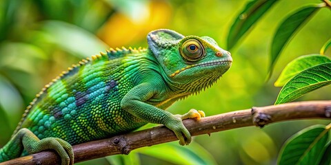 Obraz premium Chameleon blending into a green branch in its natural habitat, camouflage, wildlife, reptile, tree, nature, animal