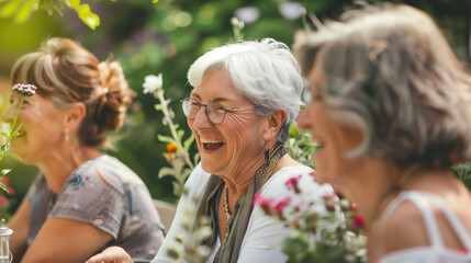 Elderly women with gray hair smiling and laughing surrounded by colorful flowers in a garden. Senior living, friendship, joy, outdoor activities, natural beauty, healthy aging, social connection.