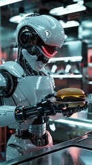 Fototapeta premium Futuristic robot chef preparing a holographic burger, hightech kitchen, metallic colors, 3D render, high detail