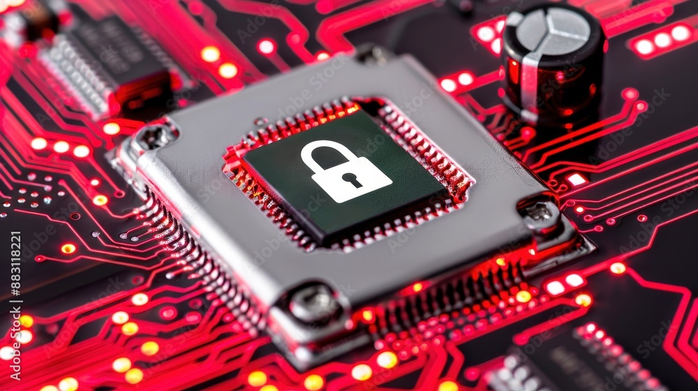 Poster close-up of a computer chip with a padlock symbol on a red circuit board, representing cybersecurity