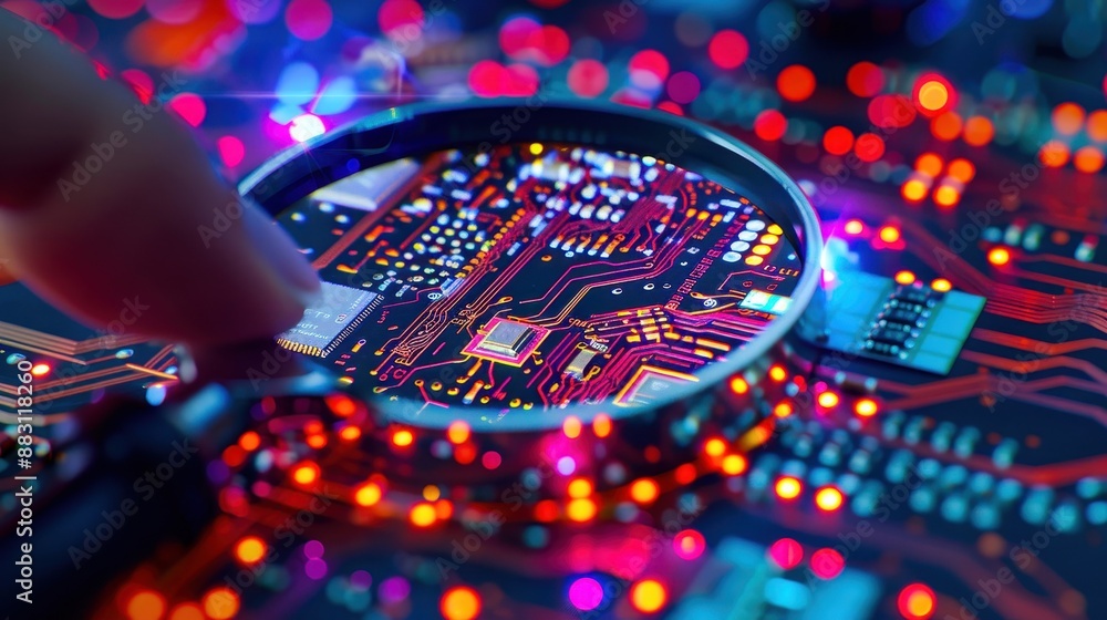 Poster close-up of a magnifying glass focusing on an electronic circuit board with colorful lights, represe