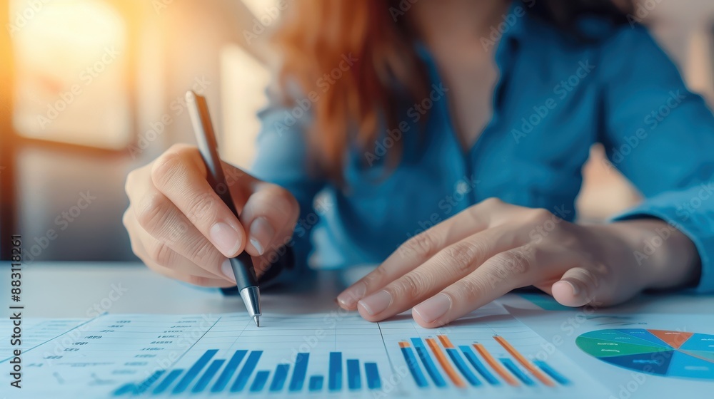 Poster close-up of a person analyzing financial data and charts at a desk, focusing on graphs and using a p