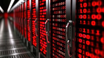 Close-up of data servers illuminated with red binary code in a dimly lit environment, representing modern data storage and cybersecurity.