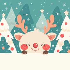 Cute Christmas deer Rudolph with red nose in snowy winter forest. Merry Christmas and Happy New Year. Festive vector illustration for greeting card, banner, poster. Flat lay style