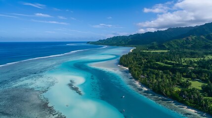 Turquoise lagoon with palm-fringed white sandy beaches and lush tropical vegetation in Rarotonga