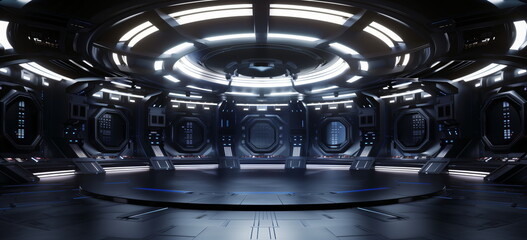 Fototapeta premium Sci-fi style room. Circular room with illuminated center circle section. dark interior, white illumination. wide format. 