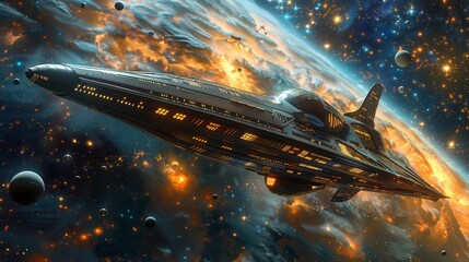 A sleek futuristic spaceship glides through a vibrant cosmic nebula, with galaxies and stars illuminating the vast expanse of space.