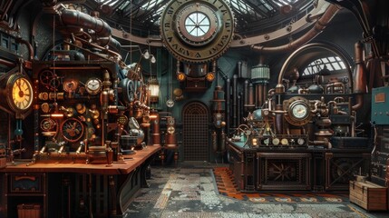 Obraz premium A steampunk-themed industrial workshop with intricate machinery and detailed gears