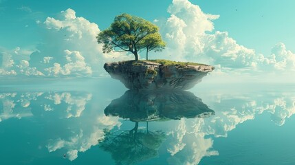 Obraz premium A solitary tree stands on a floating rock island in the middle of a calm, turquoise ocean, under a serene, cloud-filled sky.