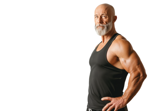 Mature Bald Man with Beard and Hands on Hips in Black Tank Top - Powered by Adobe
