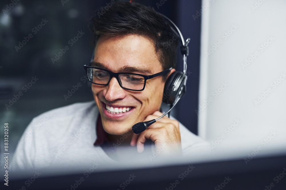 Aufkleber Call center, man and computer with microphone for customer support with communication and FAQ agent. Telemarketing, operator and telecom advisory with headphones, contact us and assistance at night