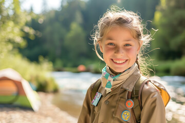 Girl scout smiling outdoors in uniform with badges by a riverside campsite. Outdoor adventure, youth activities, nature exploration, leadership, camping, scouting experience concepts.