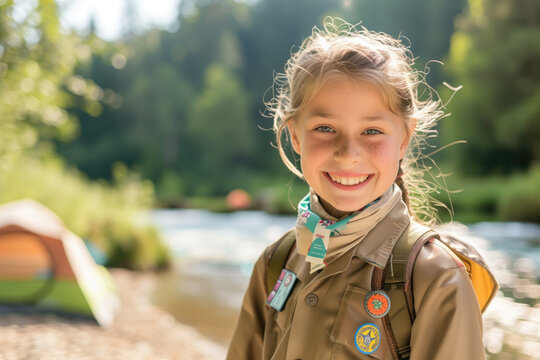 Girl scout smiling outdoors in uniform with badges by a riverside campsite. Outdoor adventure, youth activities, nature exploration, leadership, camping, scouting experience concepts.