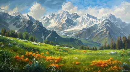 Alpine meadow with flowers in the mountains under a clear sky, showcasing nature's beauty and serene landscape of the Alps in Austria, Ai generate