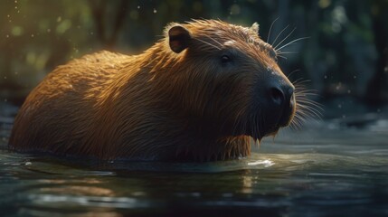 Closeup portrait of a capybara partially submerged in water