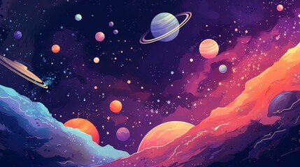 Space flat design, top view, galaxy theme, cartoon drawing, vivid